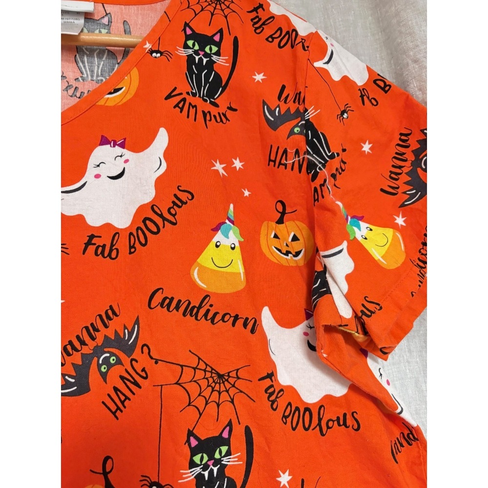 ScrubStar Halloween Scrub Top Large Orange Cats Ghosts Pumpkin Nurse V Neck - Picture 6 of 8